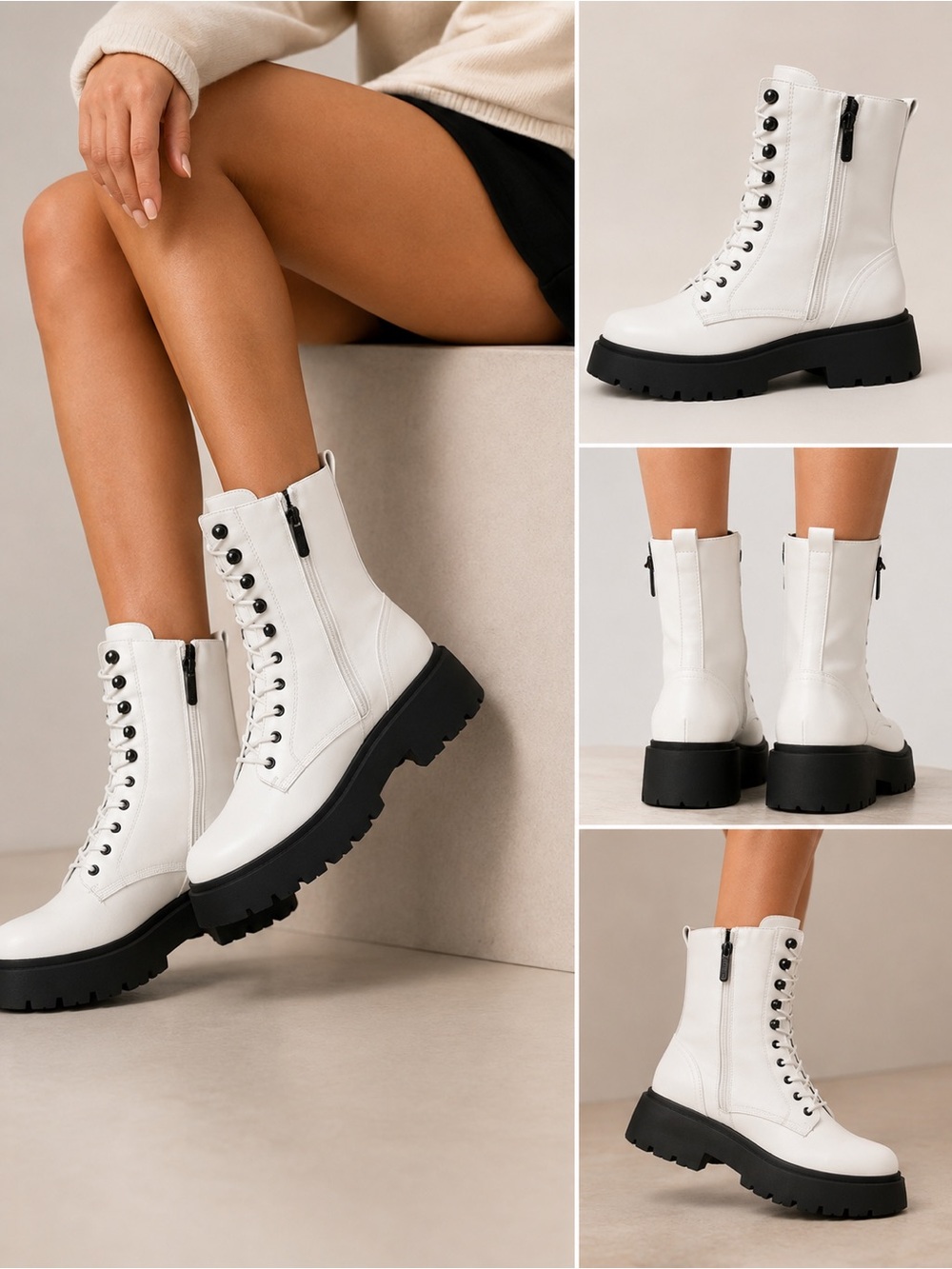 Circus by Sam Edelman White Combat Boots with Black Lug Sole